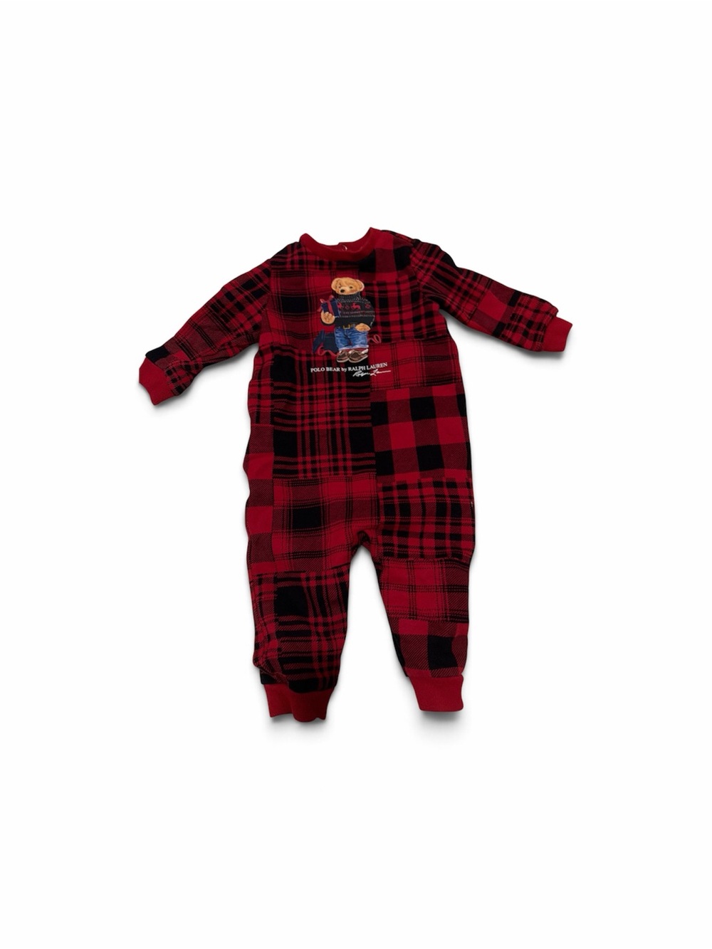 Polo by Ralph Lauren Red and Black Plaid Fleece Lined Bear Footie One-Piece Sz 9